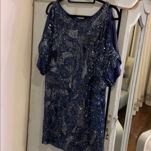 Blue beaded Aiden Mattox cold shoulder tunic